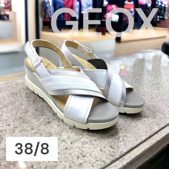 GEOX Sandals Calfskin White Silver Sling Back Wedge Open Toe Comfortable 38/8 - Picture 1 of 11